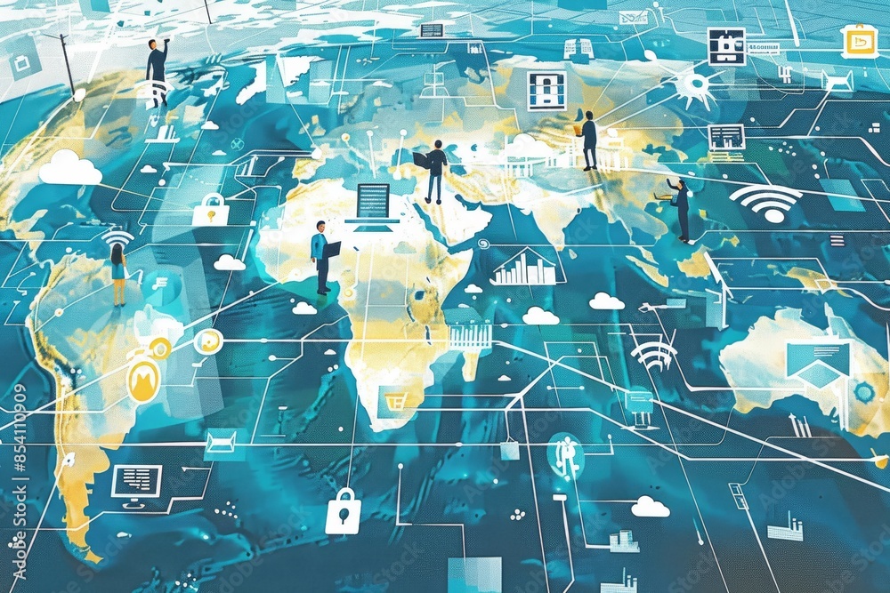 Poster Global digital network with interconnected data points, representing futuristic technology and innovative communication systems, Generative AI