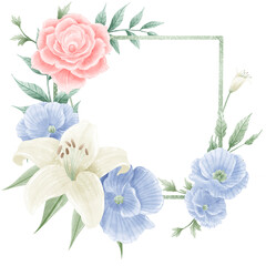 Obraz premium Watercolor Hand drawn illustration 4th of July Independence Day pink rose white lily blue flax flower frame wreath Decoration Illustration Clipart 