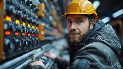 A skilled technician in a safety helmet is attentively operating a complex control panel in an industrial setting
