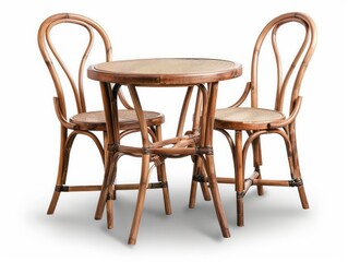 A wooden table and two chairs are arranged in a triangle