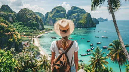 Back view of a traveler woman at beautiful island