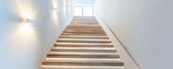 Obraz premium Modern Stairway with Natural Wood Steps and Wall Sconces Generative AI
