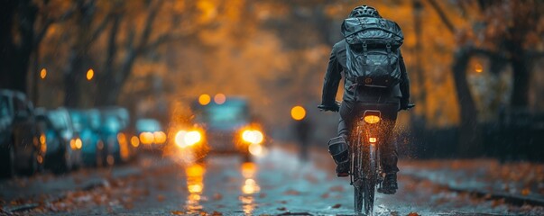 A bicyclist with a loaded backpack rides in the rain amidst autumn leaves and glowing headlights