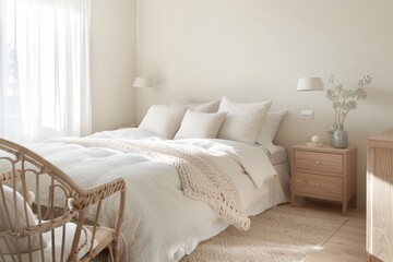 Cozy Scandinavian Bedroom with Natural Wood Furnishings Generative AI