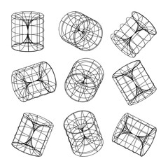 Wireframe lined shapes. Perspective mesh, 3d grid. Low poly geometric elements. Retro futuristic design elements, y2k, vaporwave and synthwave style. Vector illustration