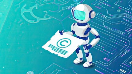 AI robot holding copyrighted artwork, representing AI copyright protection in a tech-inspired digital grid background.