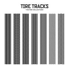 Tire tracks, wheel braking marks. Truck, car or motorcycle tread pattern silhouettes. Auto race, motorsport, speed racing design element. Vector illustration