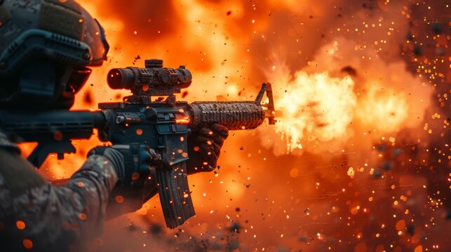 An intense image showing a soldier in armor shooting with a rifle, muzzle flash, and sparks visible