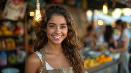 Fototapeta premium Radiant young woman with a welcoming smile working at a market stall with produce