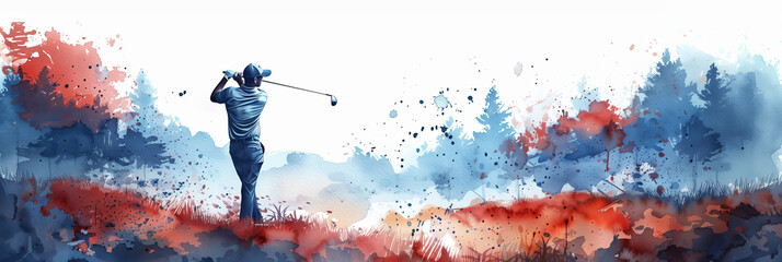 Naklejka premium Watercolor painting of a young man playing golf on the course.