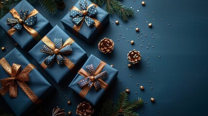 A festive arrangement of blue gift boxes with elegant golden ribbons on a dark blue backdrop