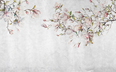 Beautiful blooming magnolia branches on a concrete wall. Mural in subdued colors.