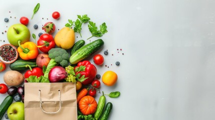 a carton bag filled with fresh fruits and vegetables on a white background, featuring space for text or design, ideal for promoting healthy food shopping or supermarket delivery services.