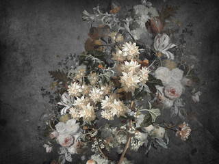 Beautiful bouquet of 3D kaiwts, painted with oil paint on the background of a concrete wall with cracks. Oil painted.  © lucja_lusilas.pl