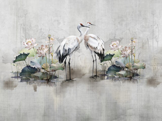 A pair of cranes on the lake. Mural. Illustration can be used for wall decoration, poster, card.