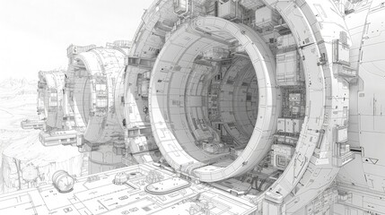 Grayscale Space Base on planet surface. Coloring page for adults.