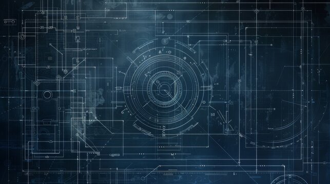 Abstract digital blueprint design with a circular pattern on a dark blue background