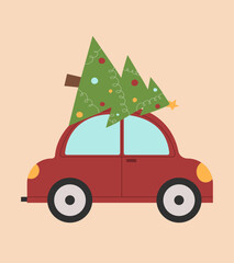 Christmas and new year card with cute red car and Christmas tree