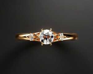 Gold Diamond Ring Top view 3D Rendering isolated on black background	
