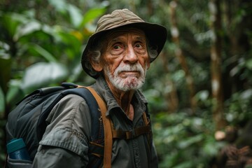 Elderly Man Exploring Dense Jungle
