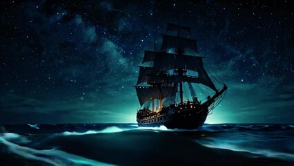 Sailing ship in the middle of ocean waves under the starry sky at night. seamless looping 4k time-lapse animation video background