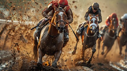 Detailed close-up of a horse and jockey in a race, with clear depiction of effort and competitive environment