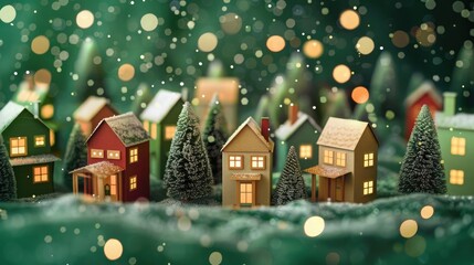 Christmas village with paper houses and trees, green background with bokeh lights, paper cut style, bohemian aesthetic, cute storybook illustrations in white and beige style,