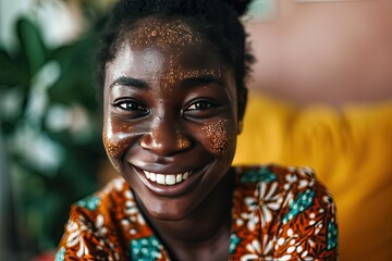 Cheerful young african woman with vitiligo smiling at camera relaxing on sofa at home