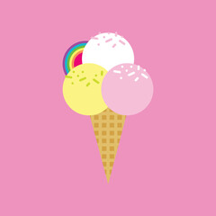 Ice cream cone summer illustration for banners, cards, flyers, social media wallpapers, clothes, girl dress, t-shirts. Food illustration. Cute fruits, food, berry print. Set of ice cream, waffle cone