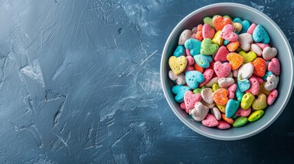A bowl of colorful heart-shaped cereal on a blue textured surface