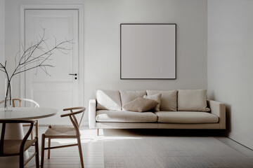 Mockup of frame for square poster in the living room interior. Minimalistic apartment design: Light gray interior with a poster frame. Laconic apartment design: light room with beige accents