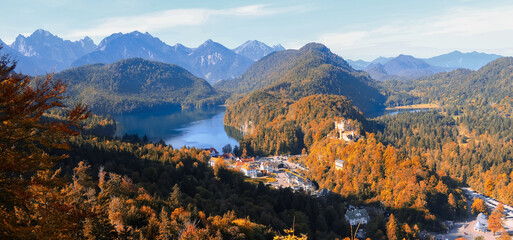 Bavarian landscape with Hohenschwangau Castle near Fussen, Germany in autumn time.
