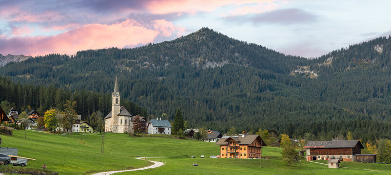 Panoramic view of scenic Gosau village in the middle of Alps mountains in Austria.