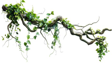 Naklejka premium realistic twisted jungle branch with plant growing isolated on a white background