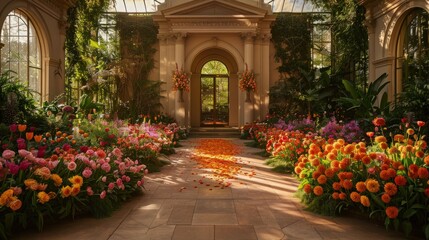 Fototapeta premium Wedding Stage Wallpaper Decorated with Abundant Blooming Flowers. Eternal Love and Happiness