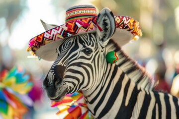 A playful zebra wearing a sombrero and maracas, joining a vibrant parade in Mexico City. Hyper realistic. Shot with canon 5d Mark III --ar 3:2 --style raw Job ID: 848bc134-baf2-41d6-93dc-f6ec2c4a7d98
