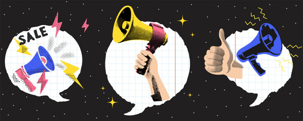 Trendy retro collage with megaphone, squared paper bubble speech, hand and sale message. Promotional clip art with loudspeaker. Announcing promo elements. Pop art halftone design. Vector illustration.