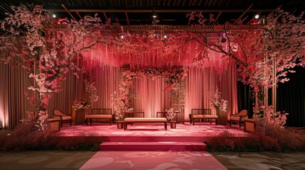 Wedding stage adorned with pink floral arrangements, exuding an aura of romance and elegance.