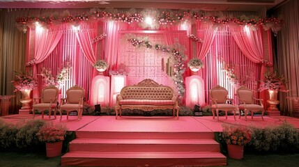 Wedding stage adorned with pink floral arrangements, exuding an aura of romance and elegance.