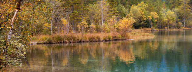 Scenic landscape of Hintersee lake in Bavaria, Germany during autumn time.