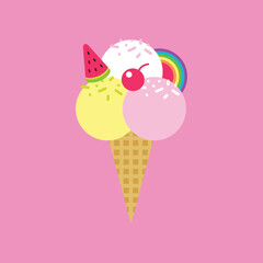 Ice cream cone summer illustration for banners, cards, flyers, social media wallpapers, clothes, girl dress, t-shirts. Food illustration. Cute fruits, food, berry print. Set of ice cream, waffle cone