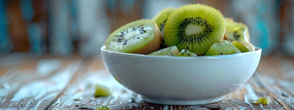  A white bowl, filled with sliced kiwis, rests atop a weathered wooden table Nearby sits an additional bowl brimming with whole, unpeeled kiw