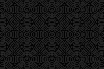 Embossed black background, cover design, banner. Geometric exotic vintage 3D pattern. Ethnic ornaments, arabesques, handmade. Boho style of the East, Asia, India, Mexico, Aztec, Peru.