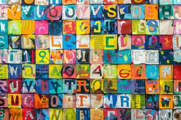 An illustration of a wall adorned with a collage of vibrant word cards, assisting students in enhancing their vocabulary and language abilities.