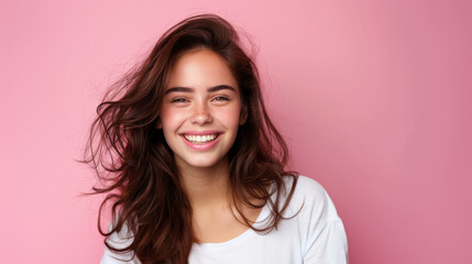 Fototapeta premium A young smiling Spanish brunette with wavy hair on a pink background