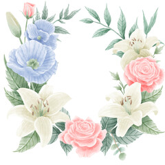 Watercolor Hand drawn illustration 4th of July Independence Day pink rose white lily blue flax flower floral wreath Decoration Illustration Clipart