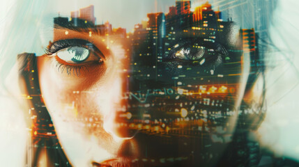 Closeup portrait of young beautiful woman with double exposure effects and glitch elements