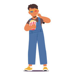 Boy Enjoying A Movie While Wearing 3d Glasses And Eating Popcorn. Child Character Appears To Be Entertained And Engaged