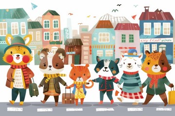 A cheerful group of animals dressed in vacation attire stroll through a lively tourist street, pulling luggage behind them.