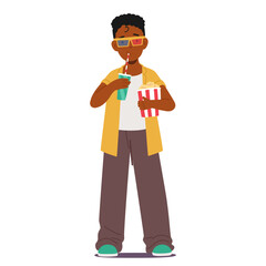 Child Enjoying A Movie With 3d Glasses, Popcorn And Drink. Entertained Boy Character Ready For A Cinematic Experience